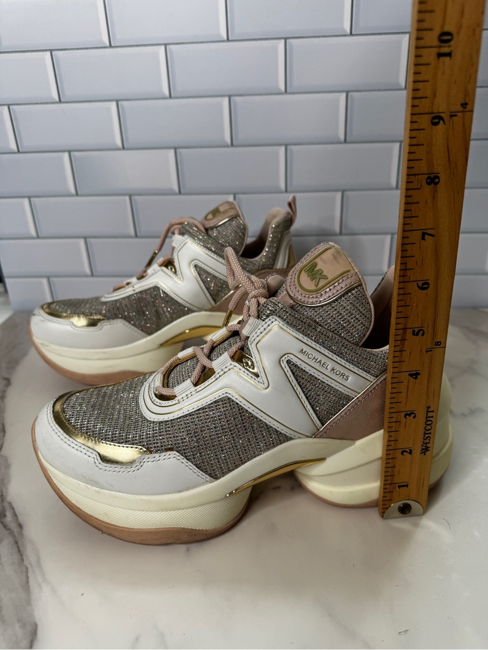 Michael Kors Olympia Glitter Mesh Sneakers Women’s 8.5M White Gold Pink Chunky - Picture 4 of 8